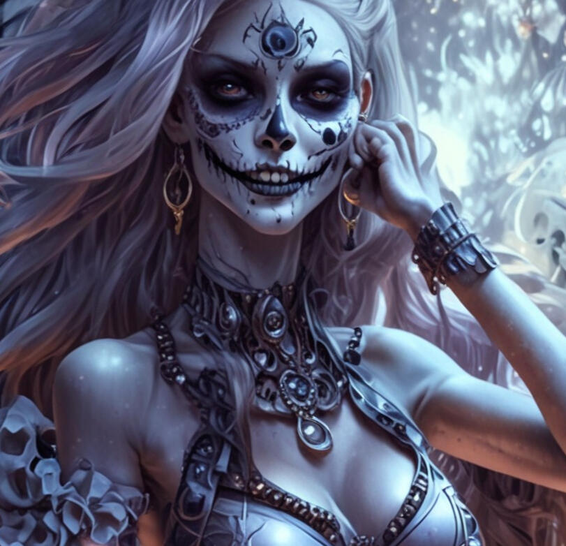 Digital illustration of a captivating female character, combining elements of gothic beauty and modern allure. Featuring striking details and a bold presence, embodying a mix of elegance and edge