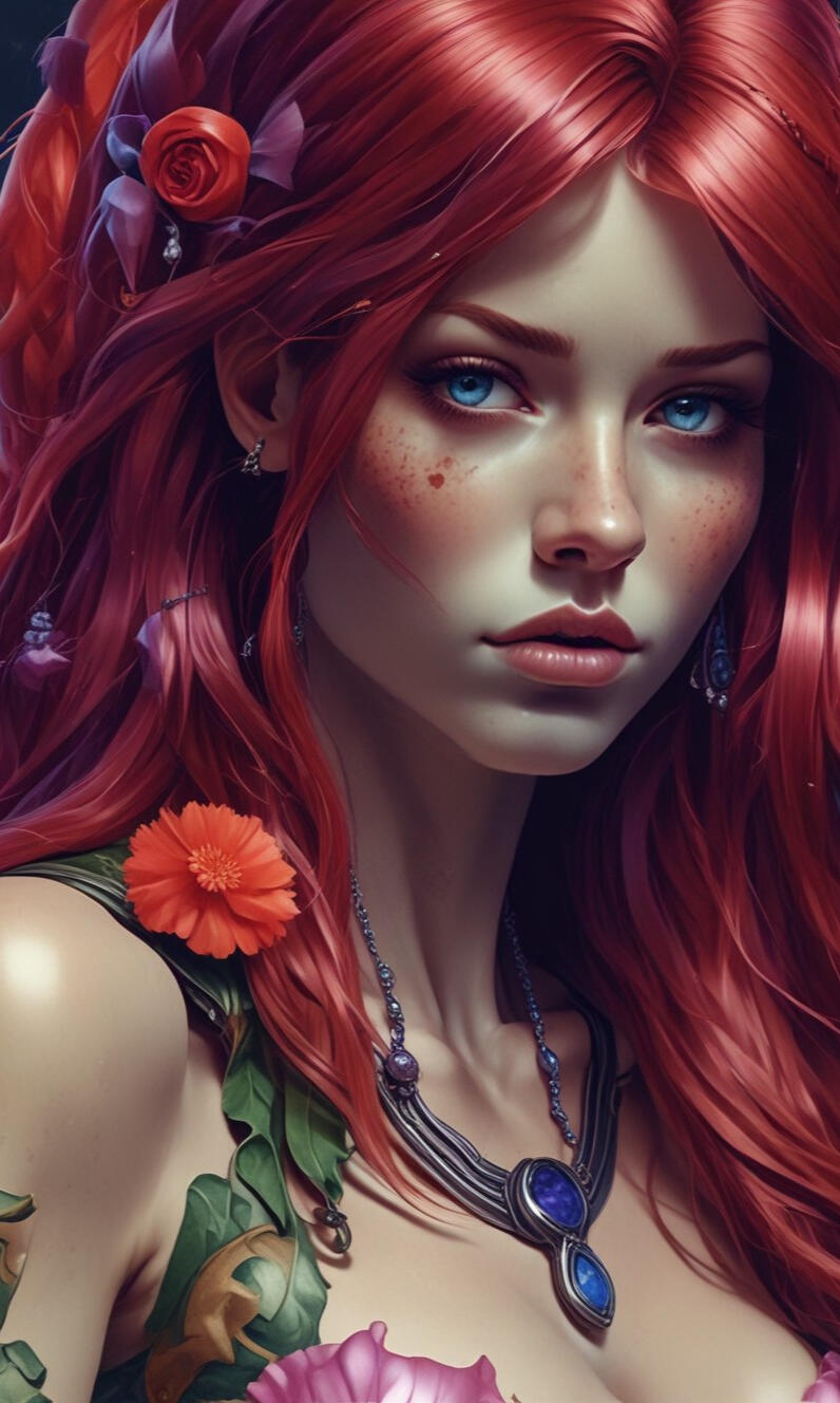 Digital illustration of a captivating female character, combining elements of gothic beauty and modern allure. Featuring striking details and a bold presence, embodying a mix of elegance and edge