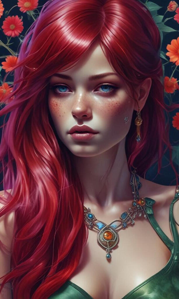 Digital illustration of a captivating female character, combining elements of gothic beauty and modern allure. Featuring striking details and a bold presence, embodying a mix of elegance and edge