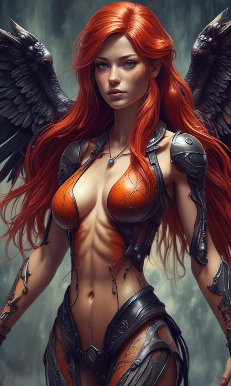 Digital illustration of a captivating female character, combining elements of gothic beauty and modern allure. Featuring striking details and a bold presence, embodying a mix of elegance and edge
