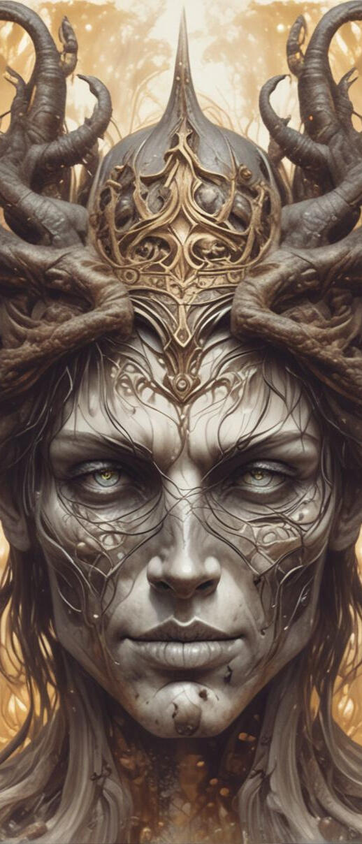 Digital illustration of a captivating female character, combining elements of gothic beauty and modern allure. Featuring striking details and a bold presence, embodying a mix of elegance and edge