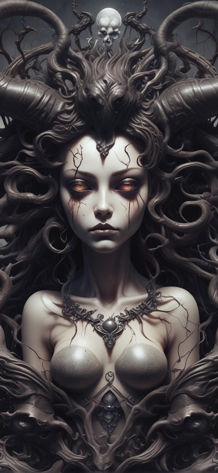 Digital illustration of a captivating female character, combining elements of gothic beauty and modern allure. Featuring striking details and a bold presence, embodying a mix of elegance and edge