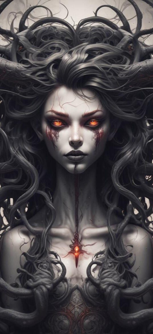 Digital illustration of a captivating female character, combining elements of gothic beauty and modern allure. Featuring striking details and a bold presence, embodying a mix of elegance and edge