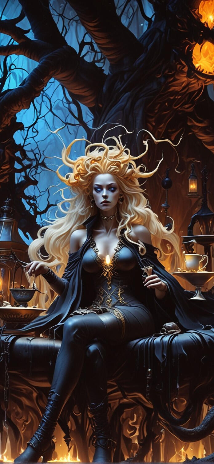 Digital illustration of a captivating female character, combining elements of gothic beauty and modern allure. Featuring striking details and a bold presence, embodying a mix of elegance and edge
