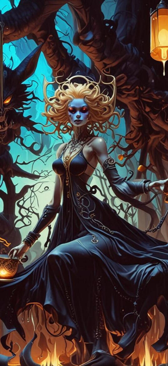 Digital illustration of a captivating female character, combining elements of gothic beauty and modern allure. Featuring striking details and a bold presence, embodying a mix of elegance and edge